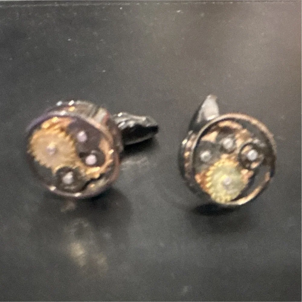 Men's Silver Tone Steampunk Round Cufflinks Bullet Back Pair